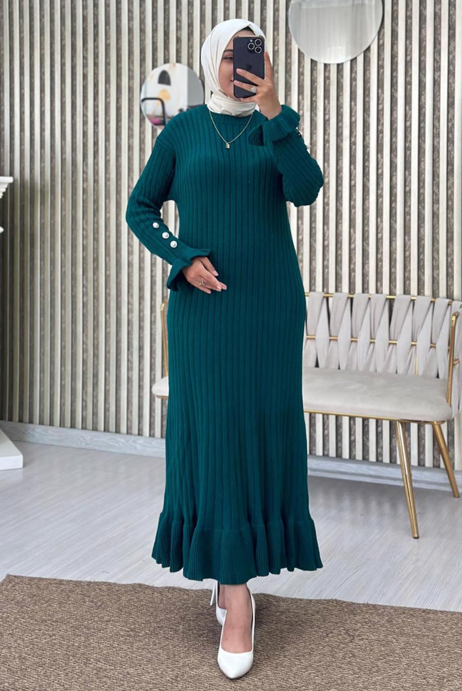 Vêtements hijab BLEU ROBE EN MAILLE À VOLANTS T 2565