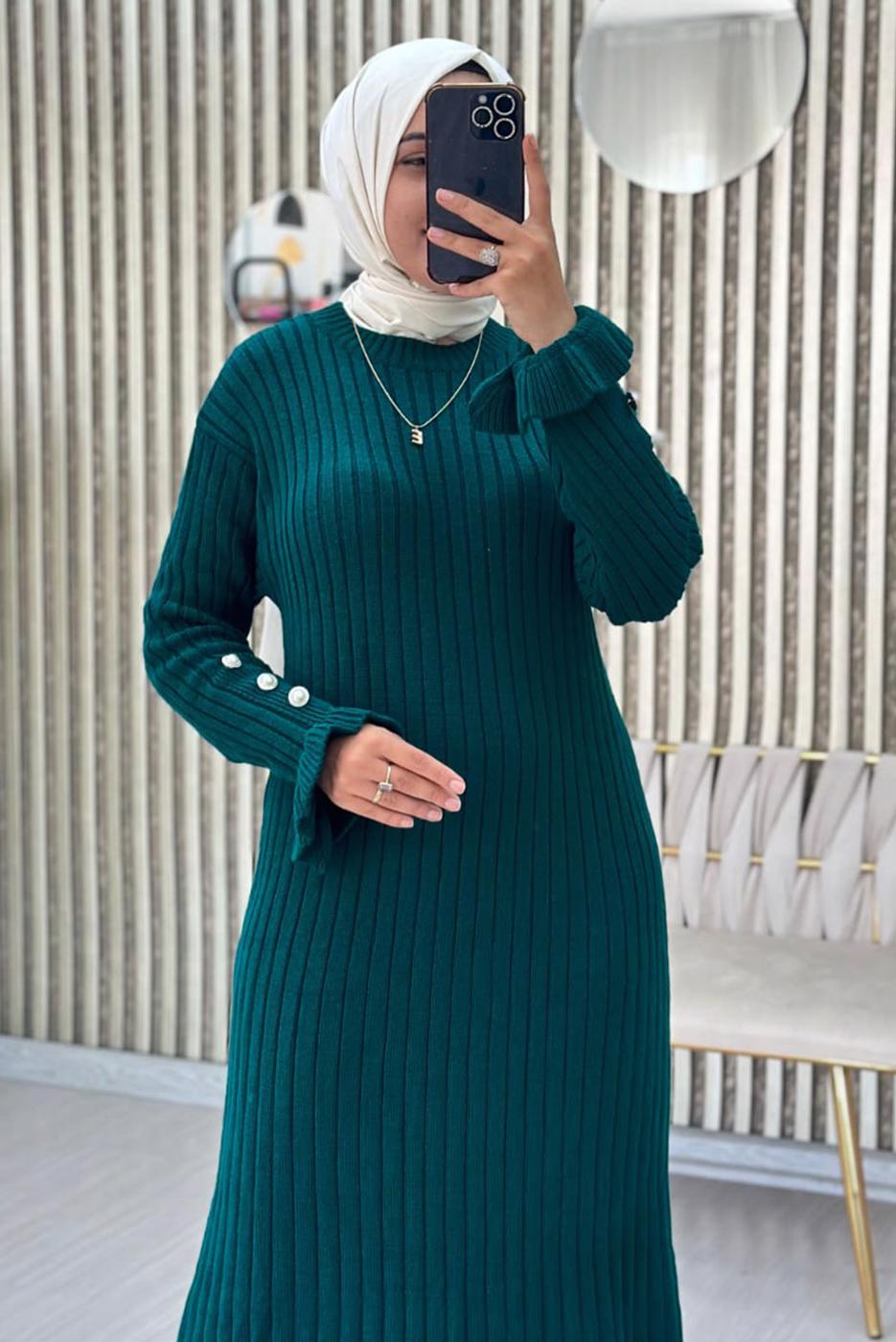 Vêtements hijab BLEU ROBE EN MAILLE À VOLANTS T 2565