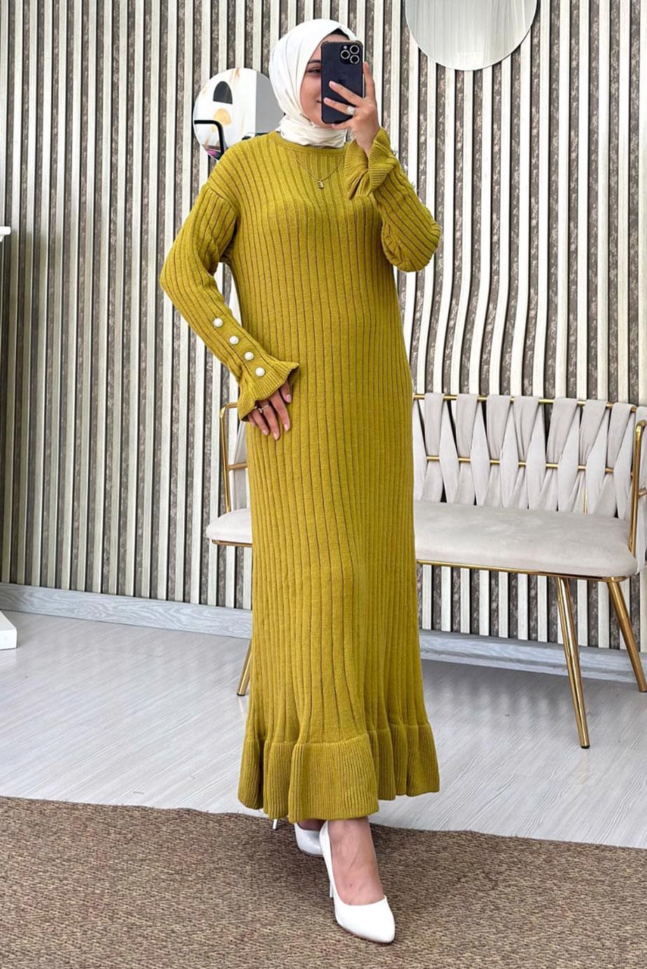 Vêtements hijab VERT ROBE EN MAILLE À VOLANTS T 2565