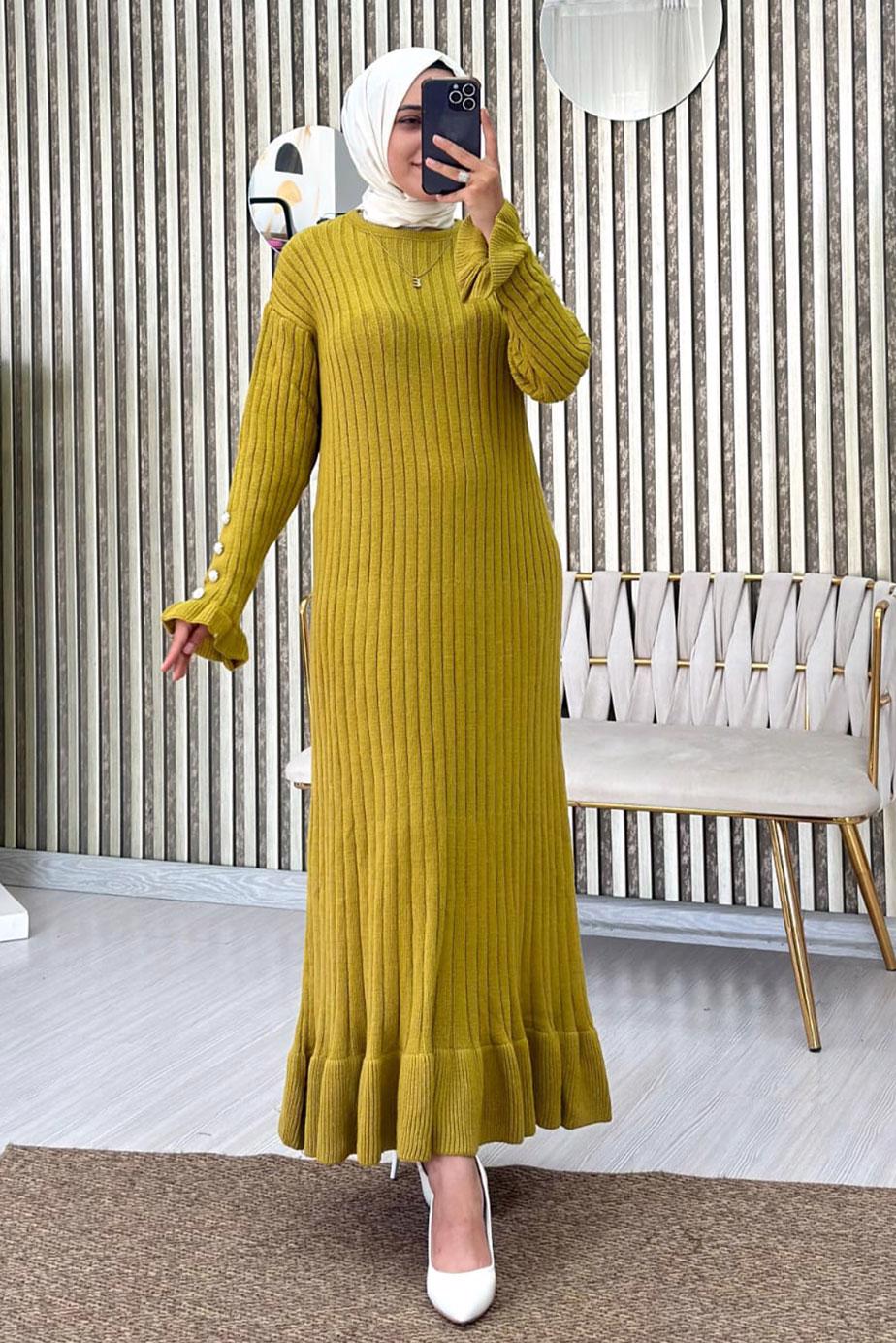 Vêtements hijab VERT ROBE EN MAILLE À VOLANTS T 2565