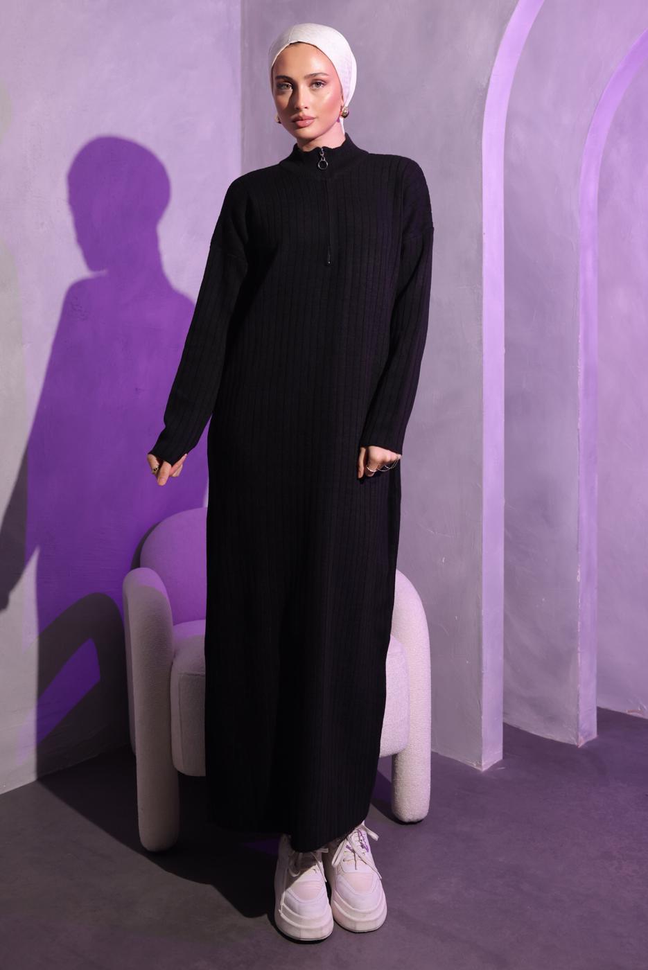 Tesettür giyim SİYAH FERMUAR DETAYLI TRİKO ELBİSE T 3109