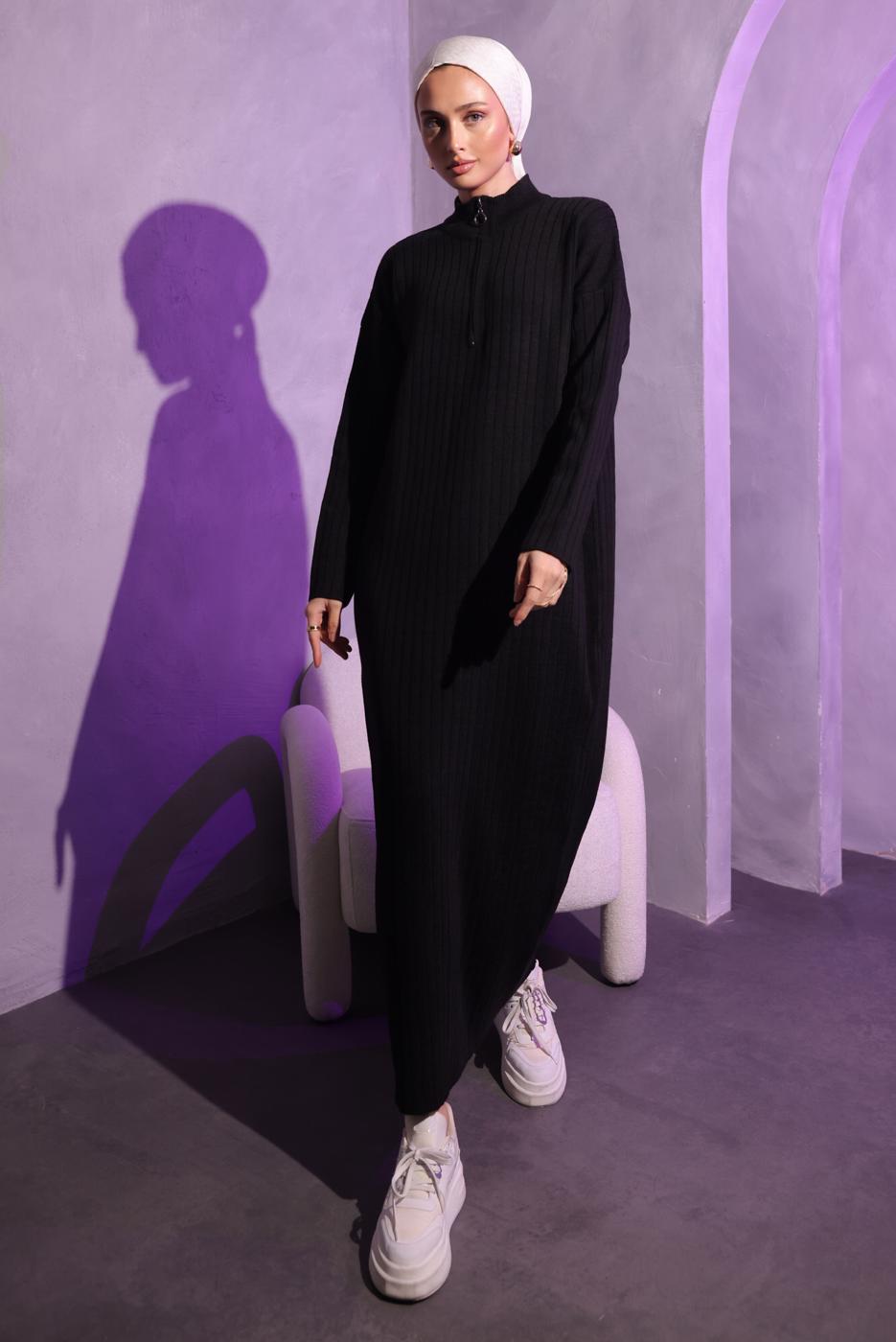 Tesettür giyim SİYAH FERMUAR DETAYLI TRİKO ELBİSE T 3109