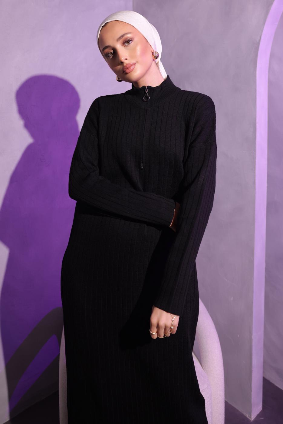 Tesettür giyim SİYAH FERMUAR DETAYLI TRİKO ELBİSE T 3109