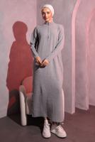 Tesettür giyim GRİ FERMUAR DETAYLI TRİKO ELBİSE T 3109