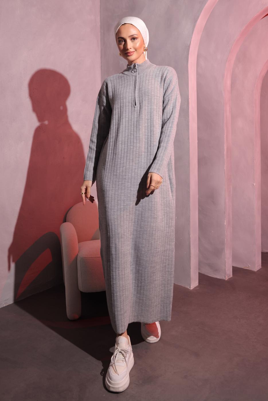 Tesettür giyim GRİ FERMUAR DETAYLI TRİKO ELBİSE T 3109