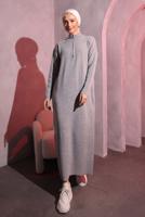 Tesettür giyim GRİ FERMUAR DETAYLI TRİKO ELBİSE T 3109