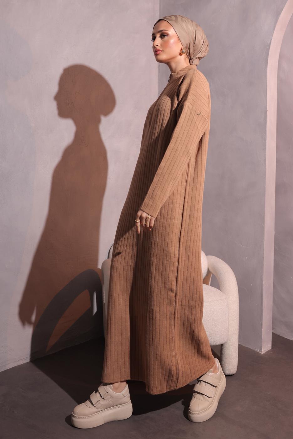 Tesettür giyim KAHVE FERMUAR DETAYLI TRİKO ELBİSE T 3109