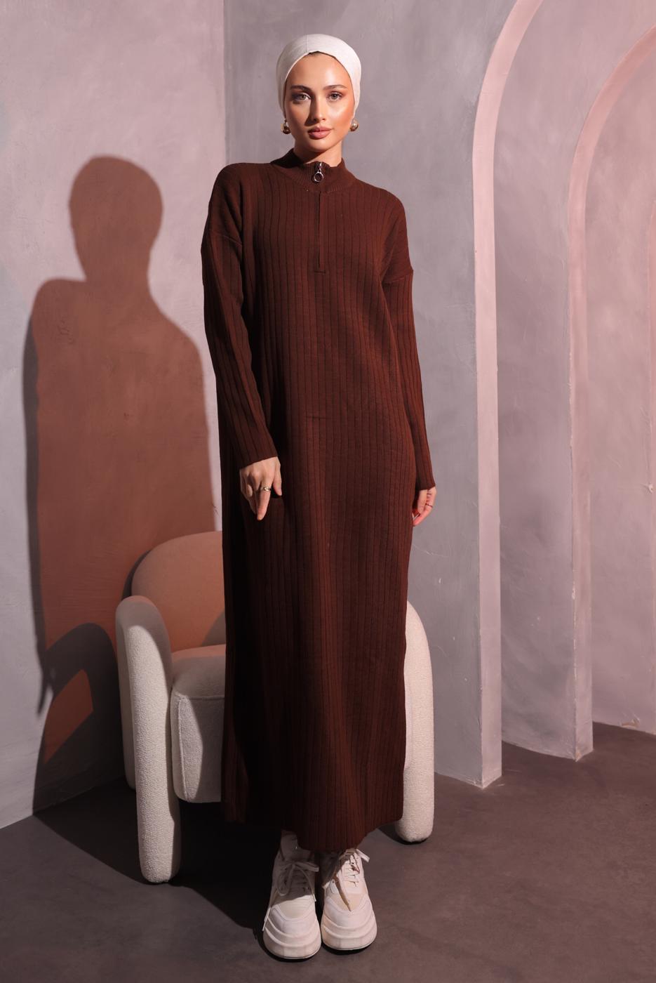 Vêtements hijab BRUN ROBE EN TRICOT DÉTAIL ZIPPÉE T 3109