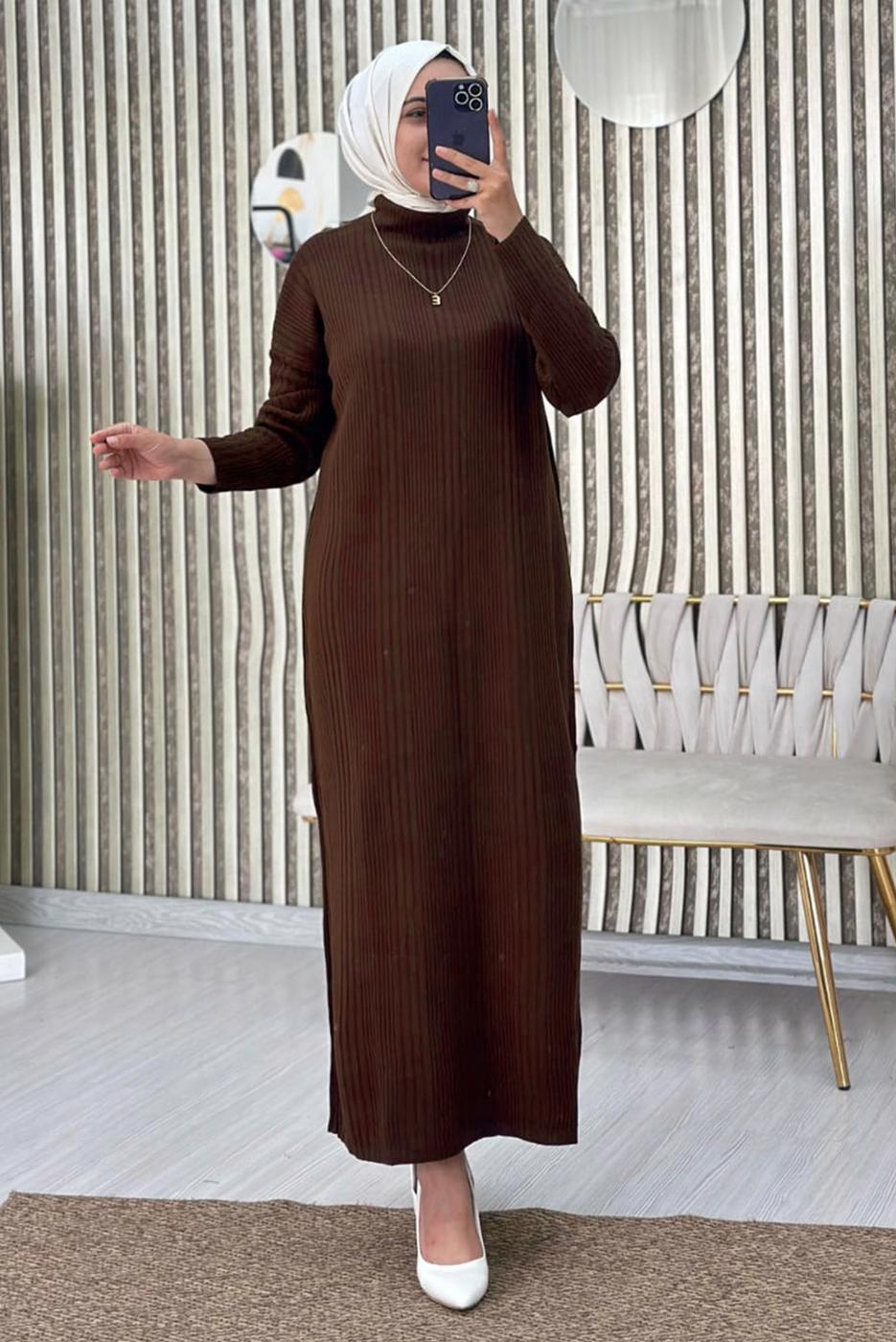 Tesettür giyim KAHVE TRİKO ELBİSE T 3565