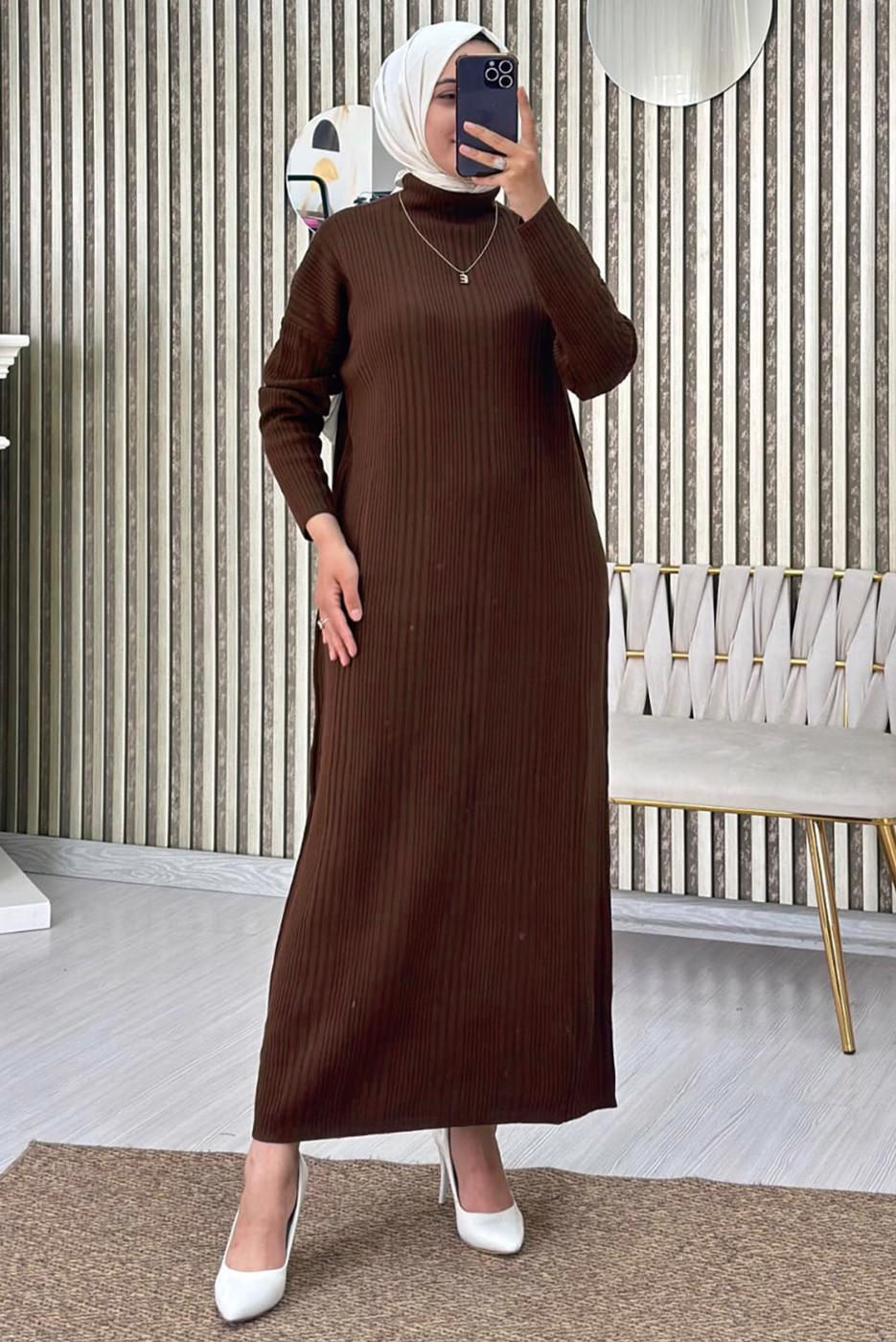 Tesettür giyim KAHVE TRİKO ELBİSE T 3565