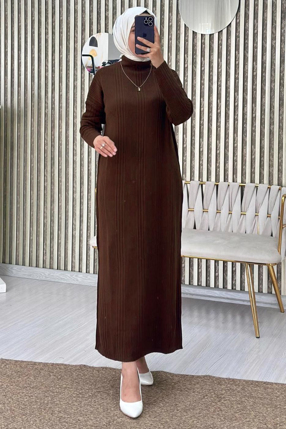 Tesettür giyim KAHVE TRİKO ELBİSE T 3565