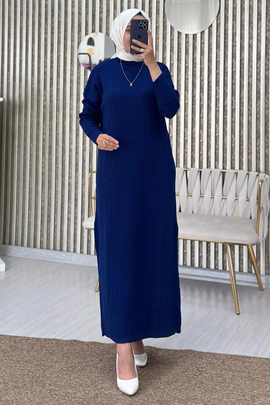 Tesettür giyim LACİVERT TRİKO ELBİSE T 3565