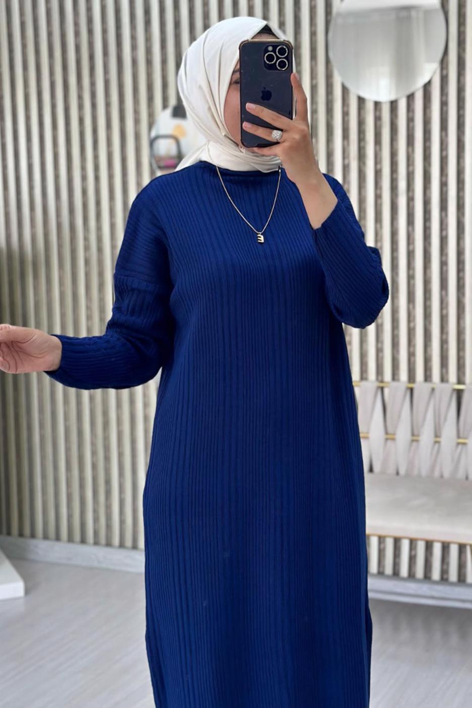 Tesettür giyim LACİVERT TRİKO ELBİSE T 3565
