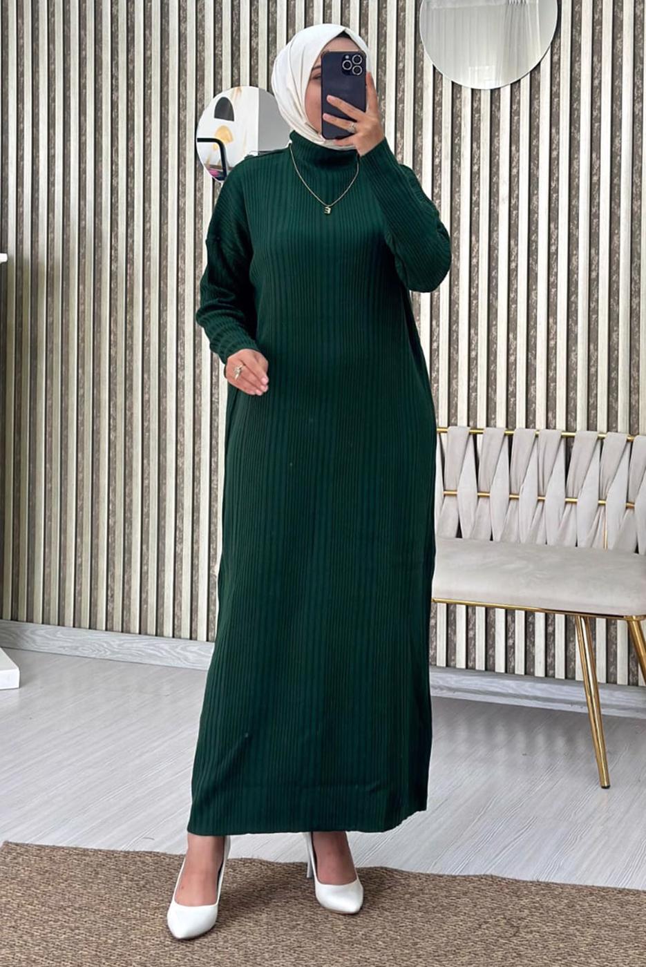 Tesettür giyim YEŞİL TRİKO ELBİSE T 3565