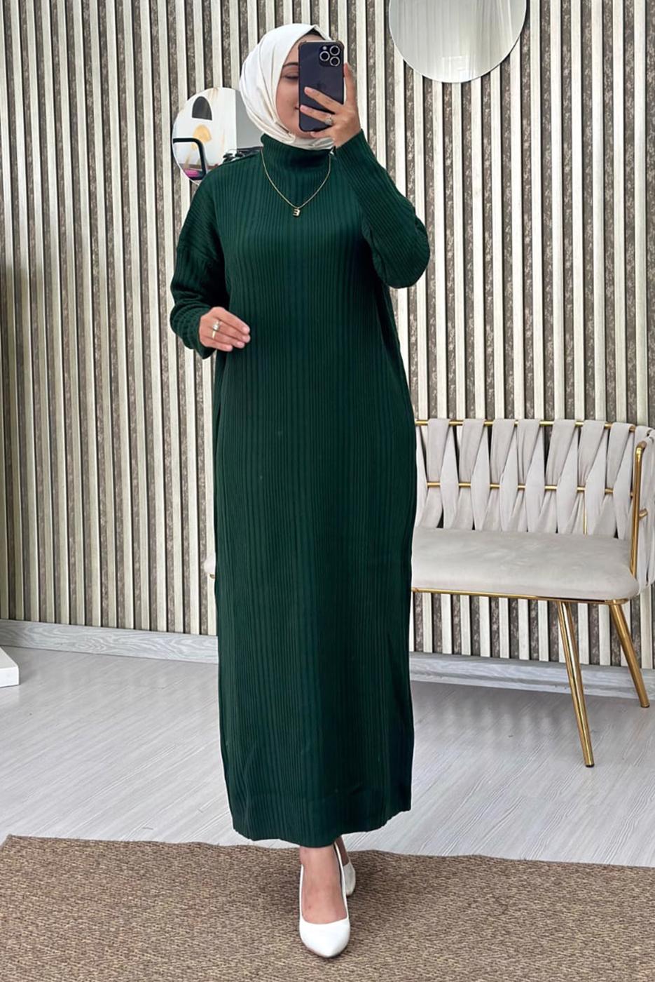 Tesettür giyim YEŞİL TRİKO ELBİSE T 3565
