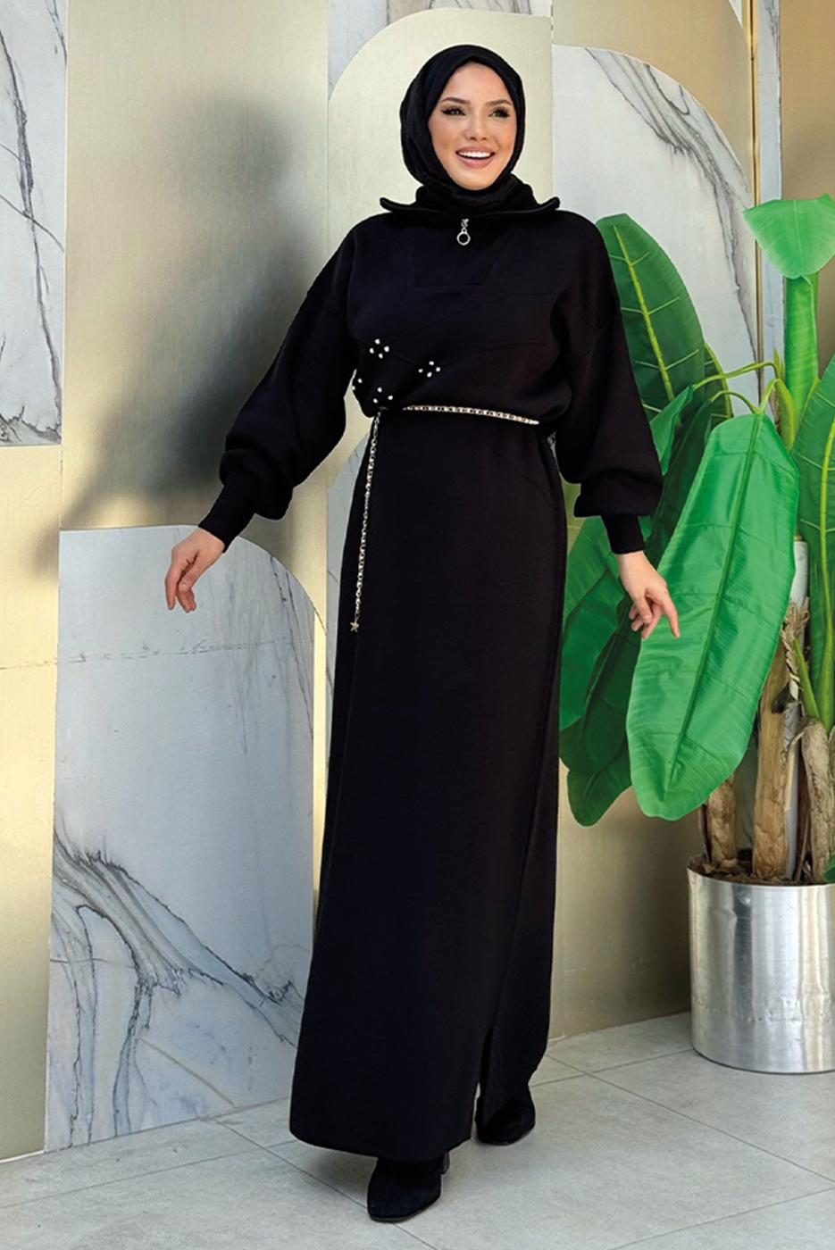 Tesettür giyim SİYAH TAŞ DETAYLI TRİKO ELBİSE T 5551