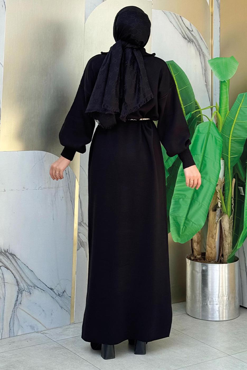 Tesettür giyim SİYAH TAŞ DETAYLI TRİKO ELBİSE T 5551