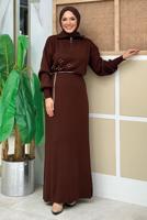 Tesettür giyim KAHVE TAŞ DETAYLI TRİKO ELBİSE T 5551