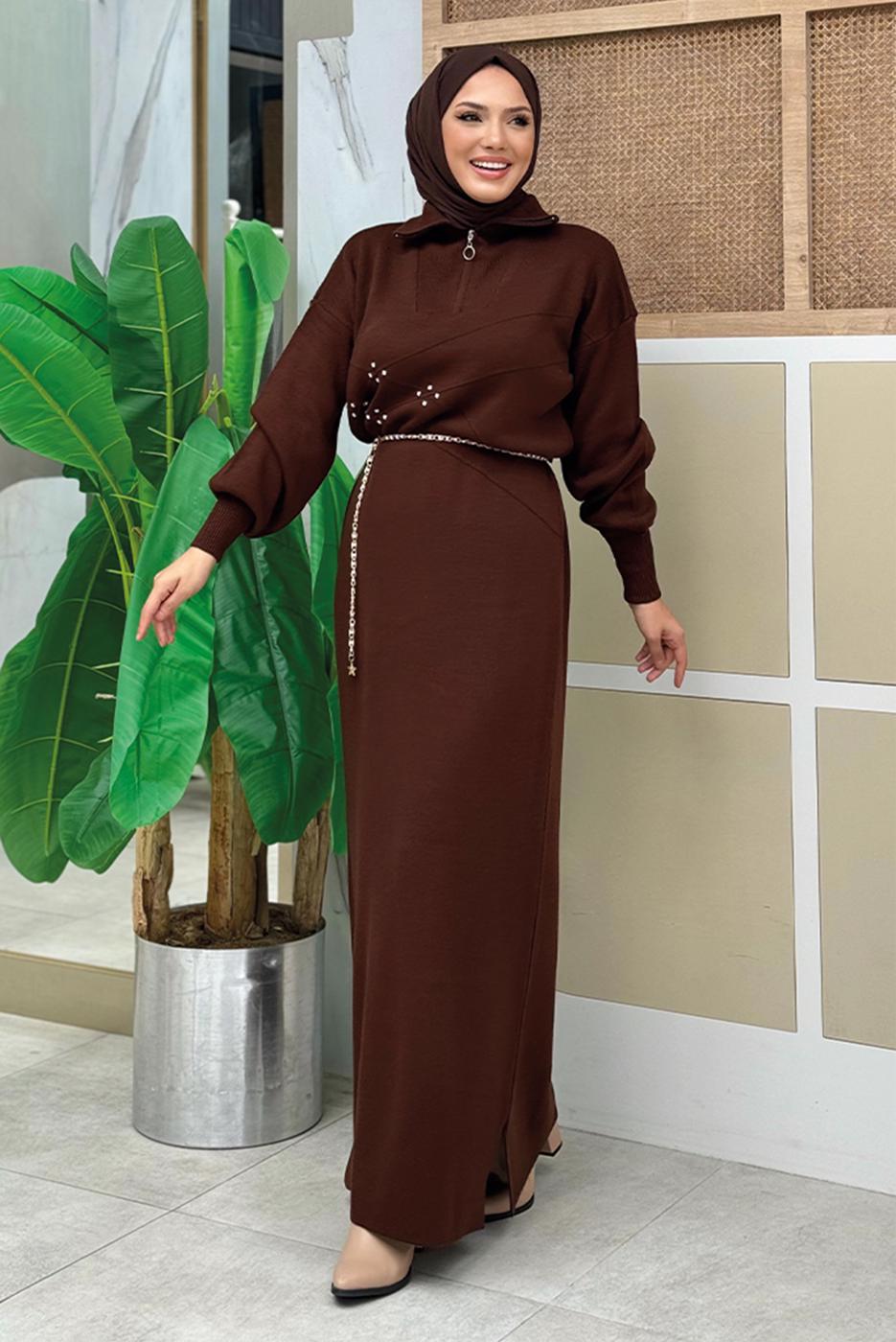 Tesettür giyim KAHVE TAŞ DETAYLI TRİKO ELBİSE T 5551