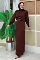 Tesettür giyim KAHVE TAŞ DETAYLI TRİKO ELBİSE T 5551