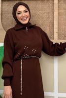 Tesettür giyim KAHVE TAŞ DETAYLI TRİKO ELBİSE T 5551