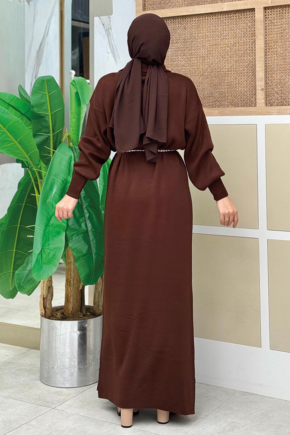 Tesettür giyim KAHVE TAŞ DETAYLI TRİKO ELBİSE T 5551