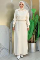 Tesettür giyim BEJ TAŞ DETAYLI TRİKO ELBİSE T 5551