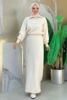 Tesettür giyim BEJ TAŞ DETAYLI TRİKO ELBİSE T 5551