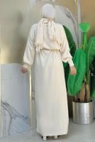 Tesettür giyim BEJ TAŞ DETAYLI TRİKO ELBİSE T 5551