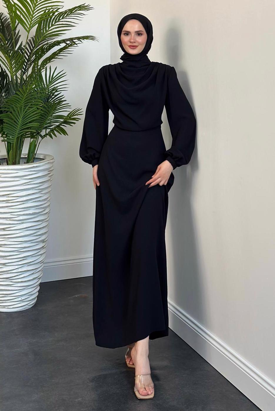Tesettür giyim SİYAH DEGAJE YAKA ABİYE ELBİSE T 5895-1