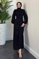 Tesettür giyim SİYAH DEGAJE YAKA ABİYE ELBİSE T 5895-1