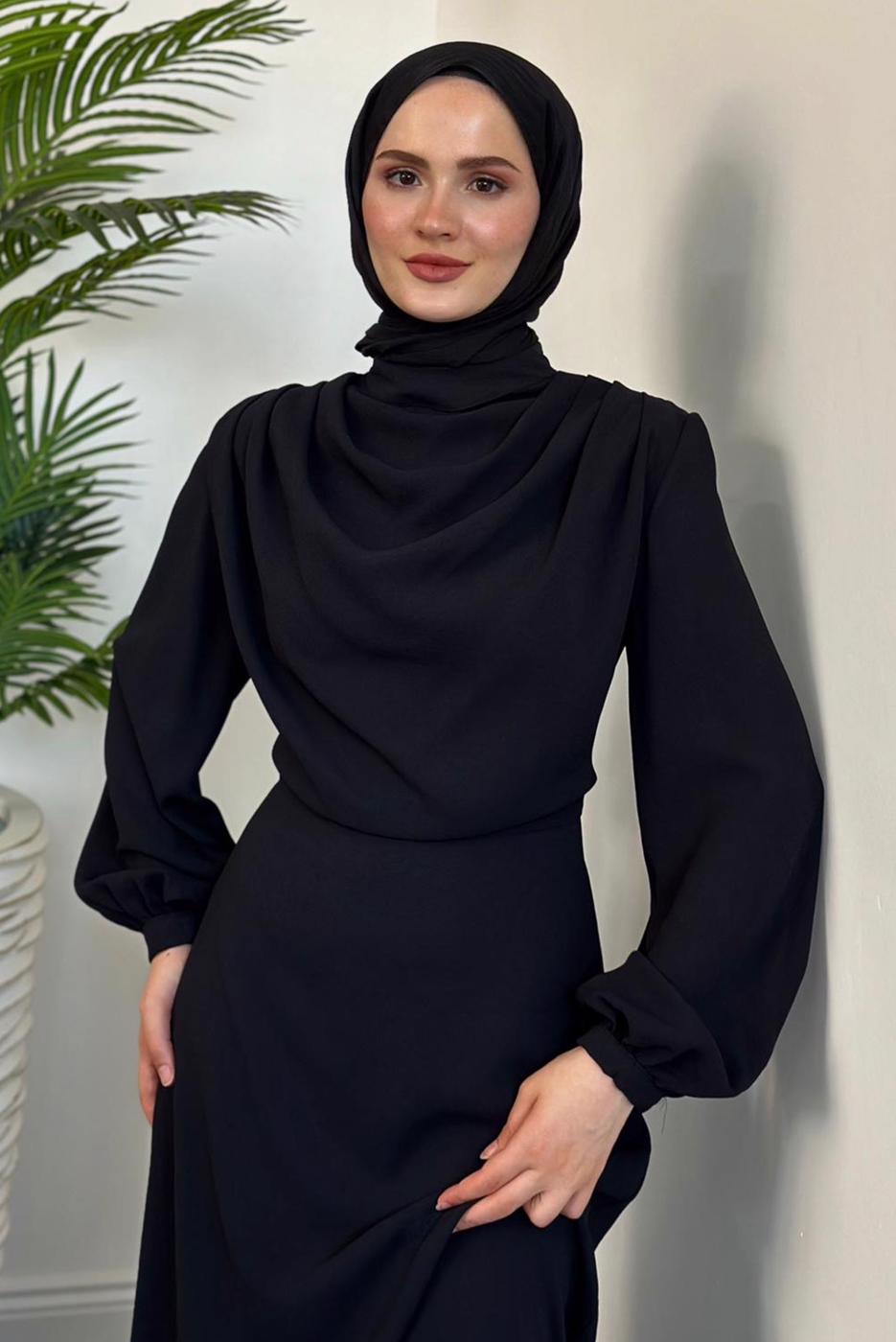 Tesettür giyim SİYAH DEGAJE YAKA ABİYE ELBİSE T 5895-1