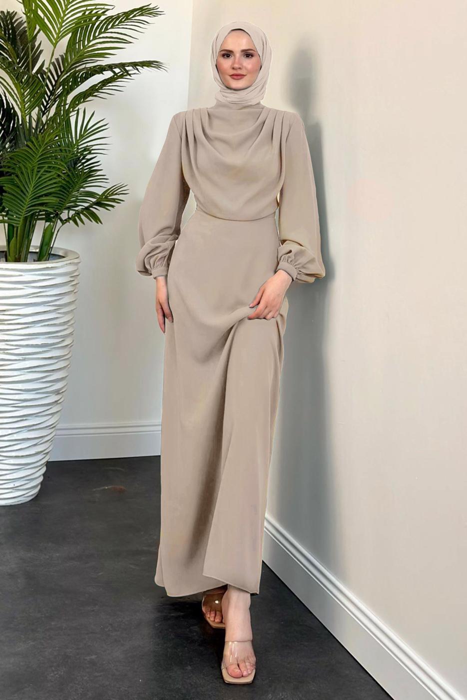 Vêtements hijab BEIGE ROBE DE SOIRÉE À COL BÂTON T 5895-1