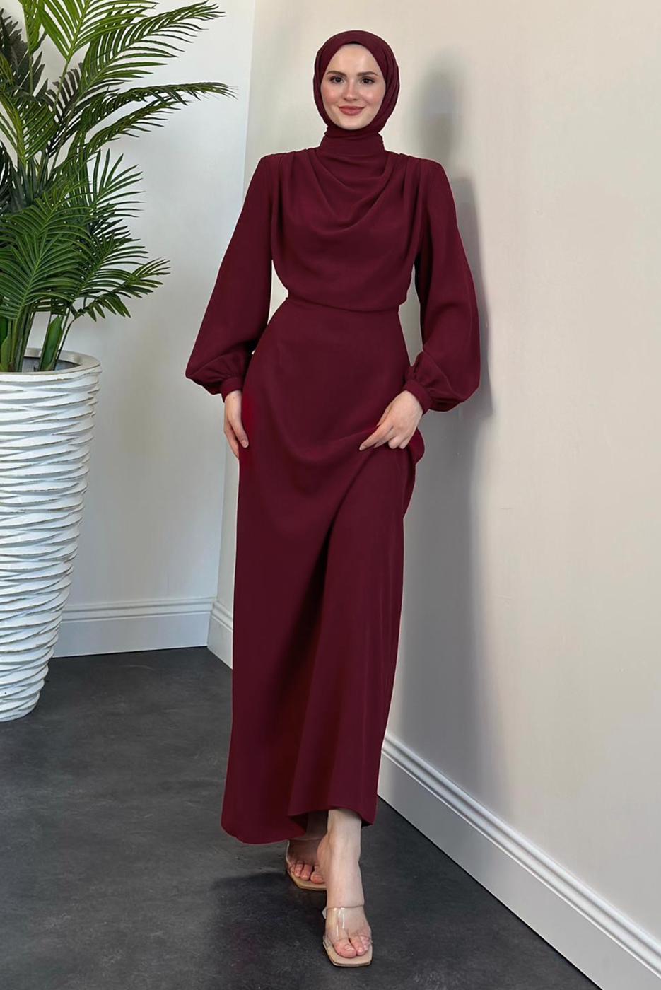 Tesettür giyim BORDO DEGAJE YAKA ABİYE ELBİSE T 5895-1