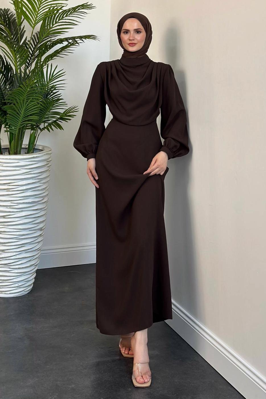 Tesettür giyim KAHVE DEGAJE YAKA ABİYE ELBİSE T 5895-1
