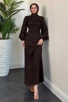 Tesettür giyim KAHVE DEGAJE YAKA ABİYE ELBİSE T 5895-1