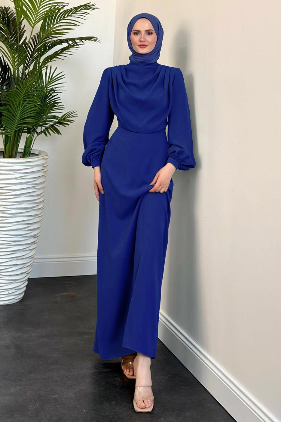 Tesettür giyim LACİVERT DEGAJE YAKA ABİYE ELBİSE T 5895-1
