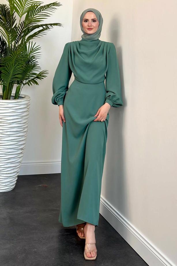Tesettür giyim YEŞİL DEGAJE YAKA ABİYE ELBİSE T 5895-1 - TRENDTESETTÜR
