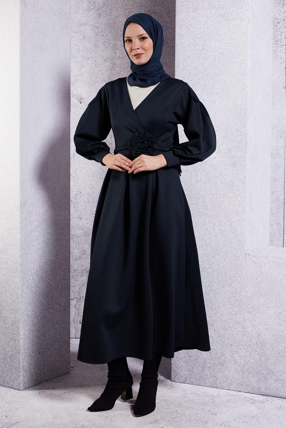 Tesettür giyim LACİVERT KUŞAK DETAYLI ELBİSE T 6183