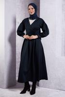 Tesettür giyim LACİVERT KUŞAK DETAYLI ELBİSE T 6183