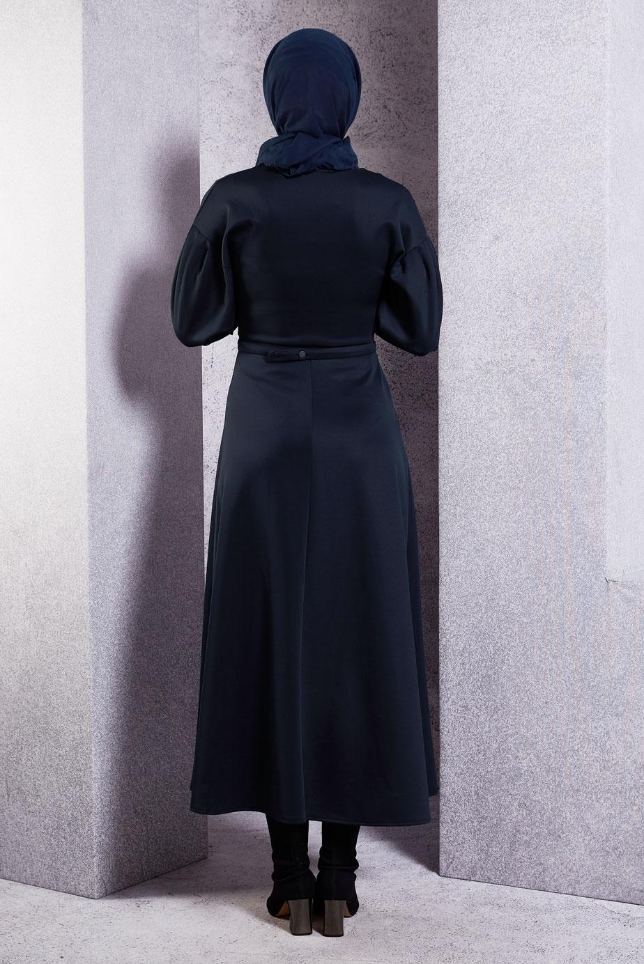Tesettür giyim LACİVERT KUŞAK DETAYLI ELBİSE T 6183