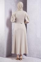 Tesettür giyim BEJ KUŞAK DETAYLI ELBİSE T 6183