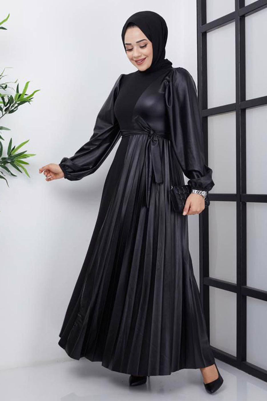 Tesettür giyim SİYAH DERİ DETAYLI ELBİSE T 6664