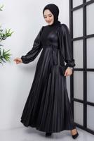 Tesettür giyim SİYAH DERİ DETAYLI ELBİSE T 6664