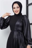 Tesettür giyim SİYAH DERİ DETAYLI ELBİSE T 6664
