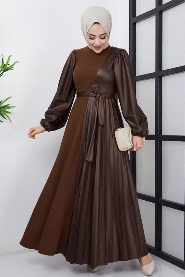Vêtements hijab  DRESS WITH LEATHER DETAIL T 6664 - TRENDTESETTÜR