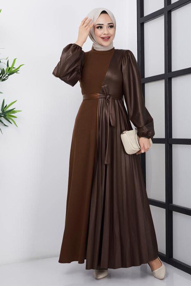 Vêtements hijab  DRESS WITH LEATHER DETAIL T 6664 - TRENDTESETTÜR