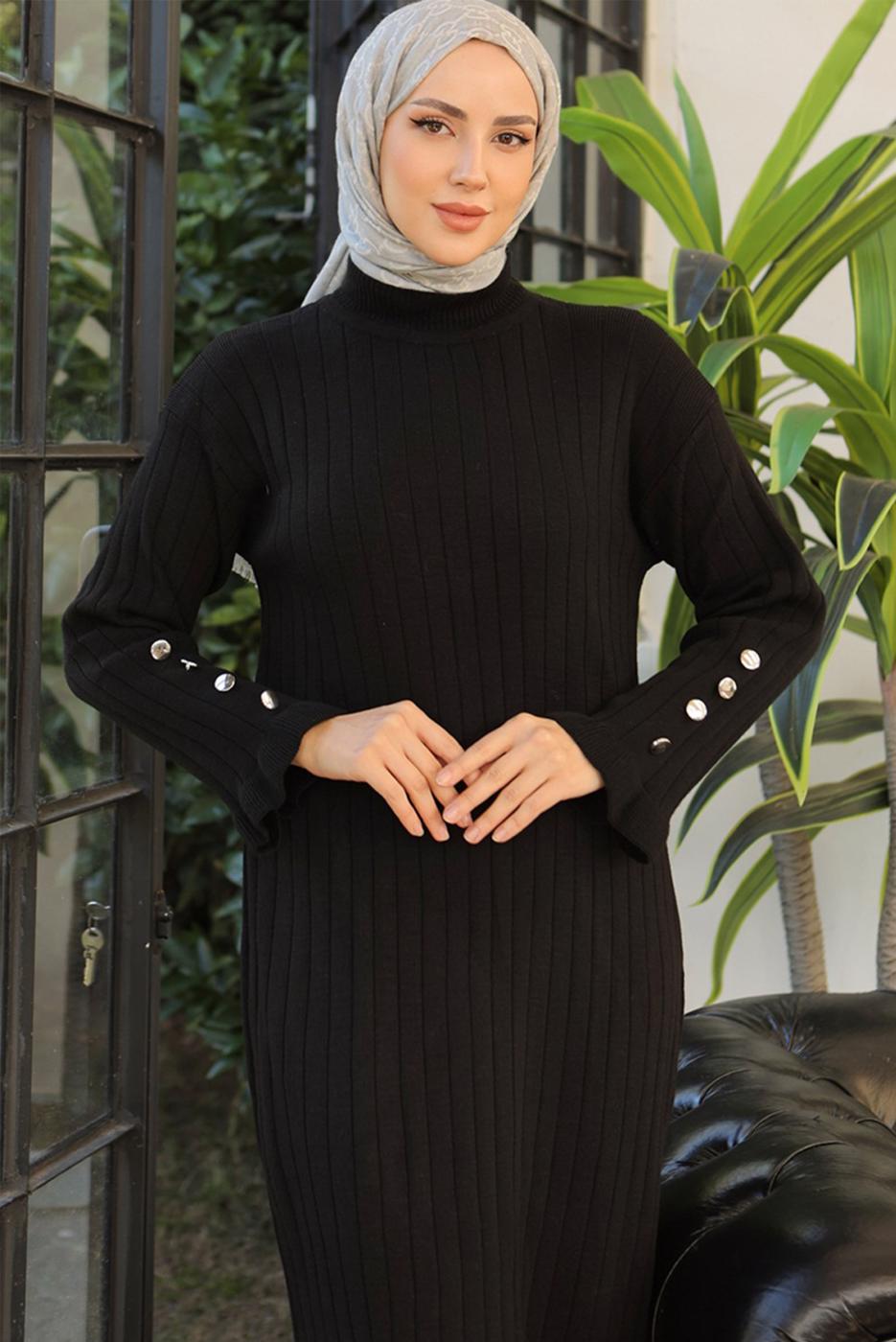 Tesettür giyim SİYAH TRİKO ELBİSE T 90032