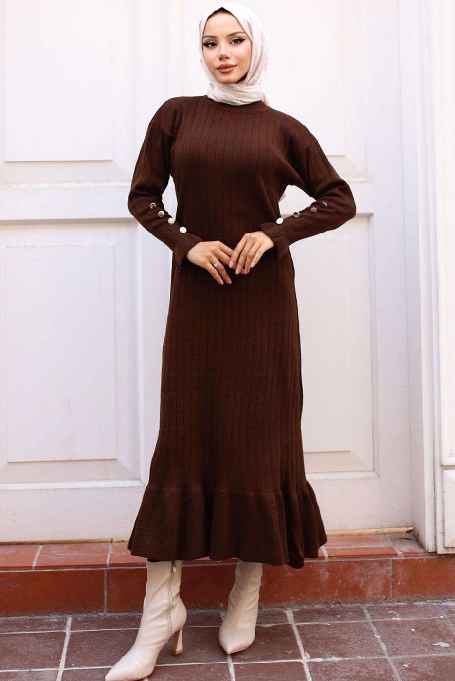 Tesettür giyim KAHVE TRİKO ELBİSE T 90032