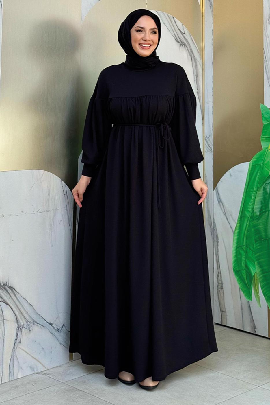 Tesettür giyim SİYAH BALON KOL ÖRME ELBİSE T 9106